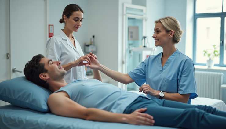 Eye-level view of a biokineticist guiding a patient through rehabilitation exercises in a bright clinic room