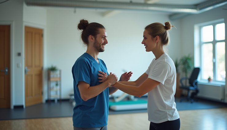 Eye-level view of a biokinetics practitioner guiding a patient through a balance exercise in a gym setting