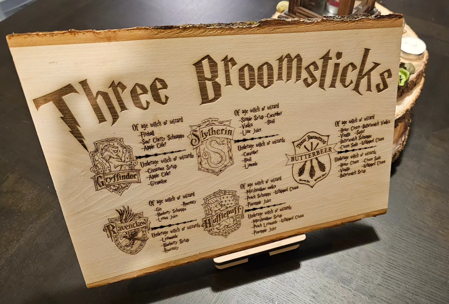 Harry Potter - Three Broomsticks Cocktail Menu  - Live Edge Wooden Sign