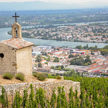 Tournon sur Rhone and Tain l'Hermitage, two river towns and Vineyards on the Hills of the Cote du Rhone Area in France