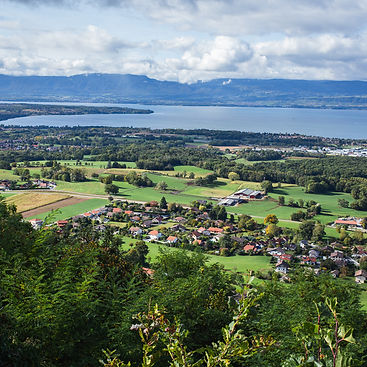 Aerial view of Thonon-les-Bains, a charming town nestled on the shores of Lake Geneva (Lac Léman), part of the Savoie wine region.