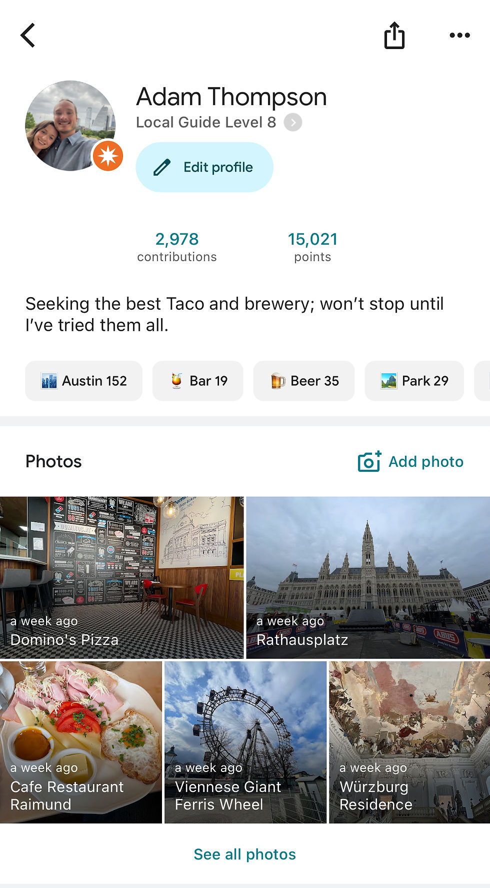 screenshot of a local guide profile