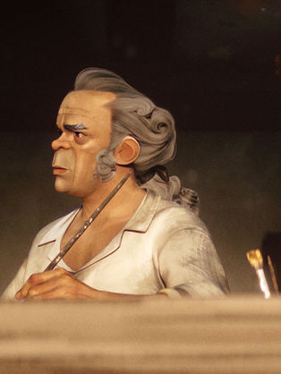 An animated figure in 18th-century attire gazes thoughtfully out a window, surrounded by brushes. The scene is warm and contemplative.