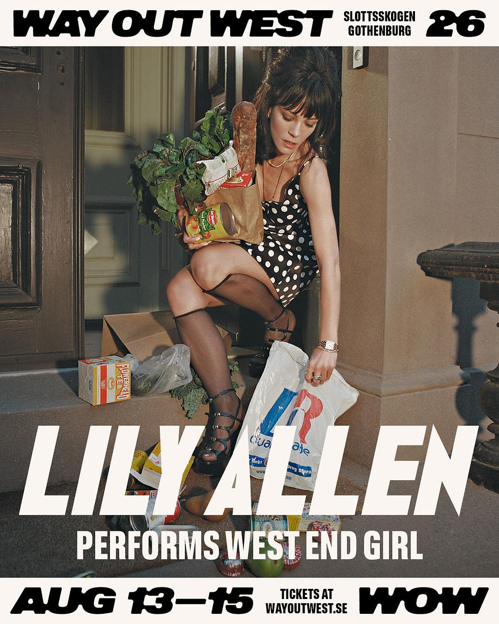 Woman in polka dot dress holding groceries, sitting on steps. Text: "Lily Allen performs West End Girl, Aug 13-15, Way Out West." Mood casual.