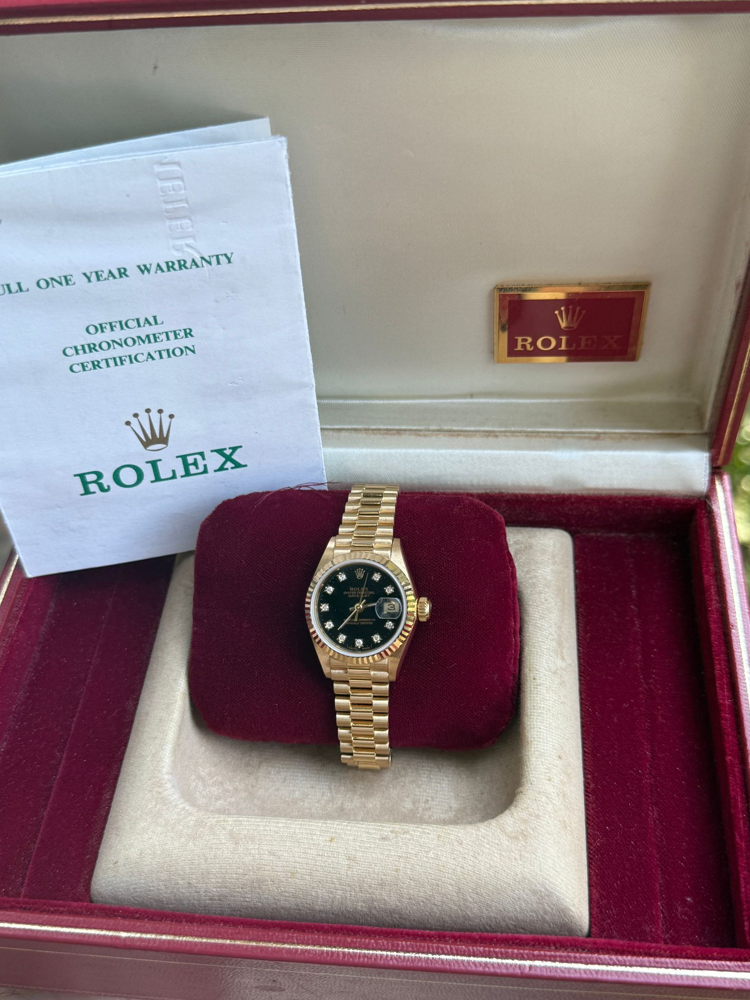 Rolex Lady Datejust 26mm Gold President Bracelet Black Diamond Dial