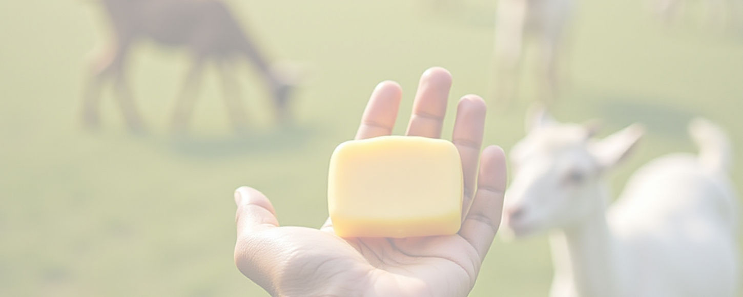 hand holding a bar of soap with goats in the background