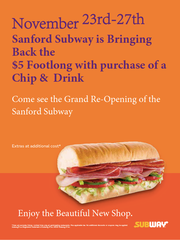 5 Footlongs at Sanford Subway November 2327