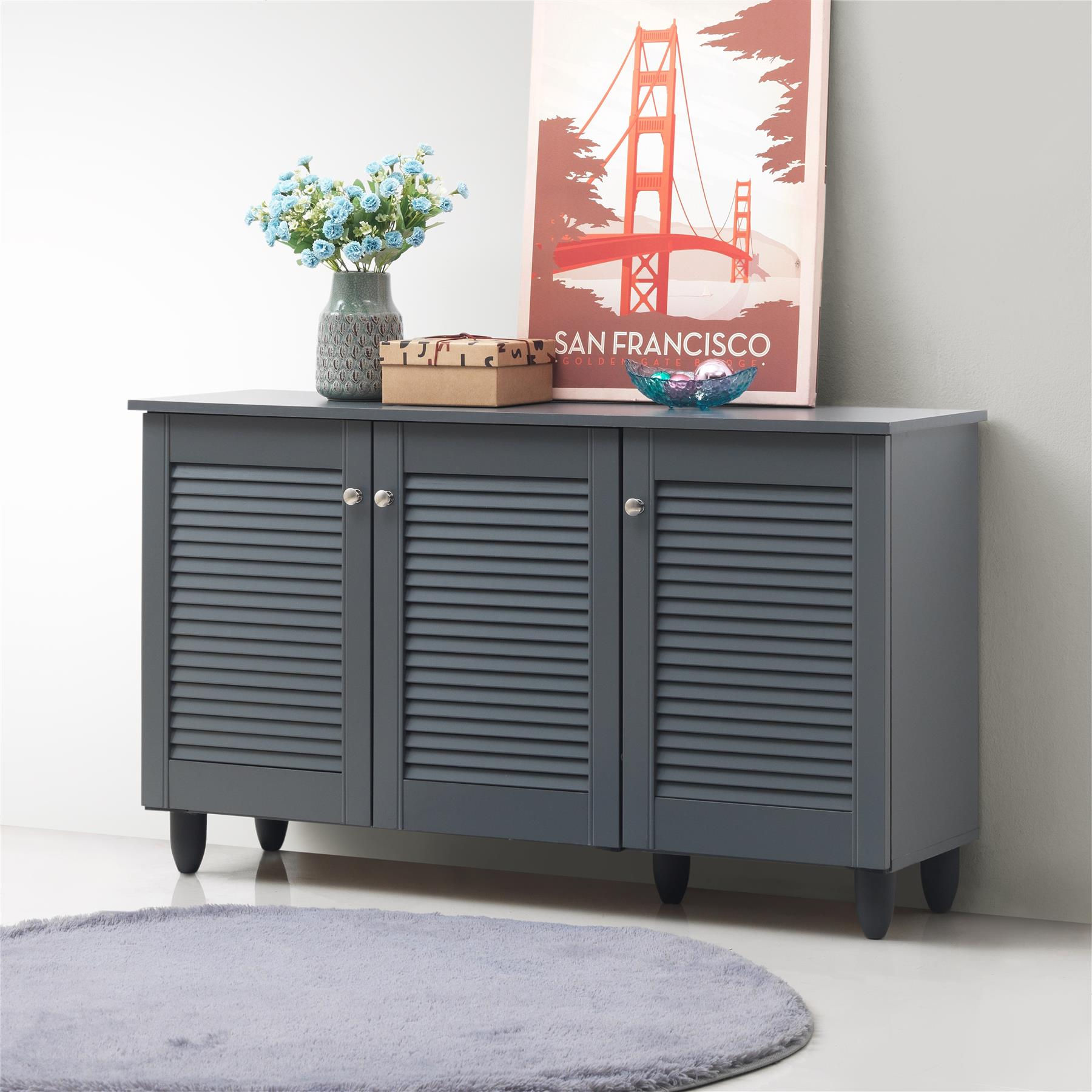 Shoe Cabinet Stand Rack Storage Cupboard Sideboard Hall Unit with 3 Louvre Doors Dark Grey colour