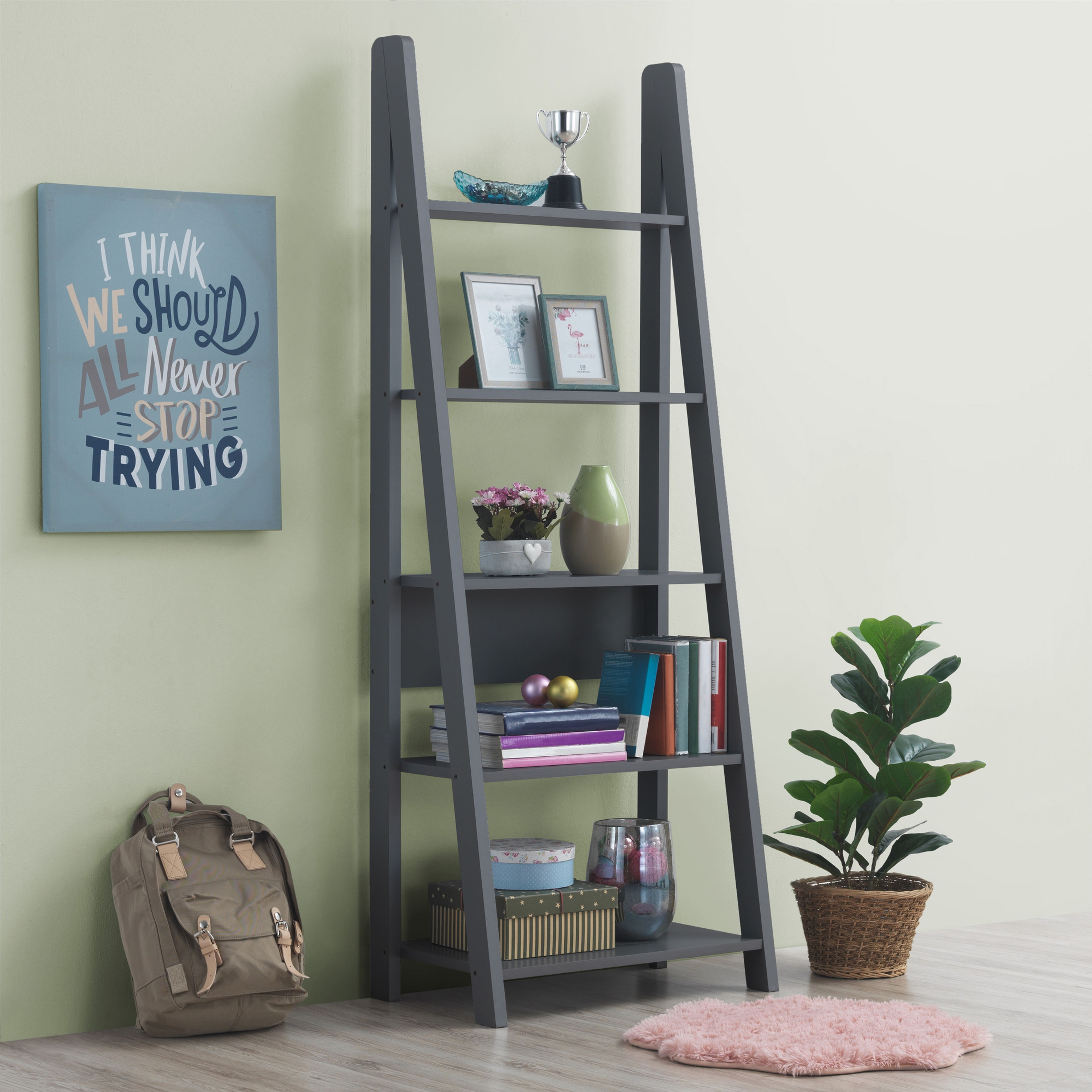 Dark Grey Ladder Bookshelf 5 Tier Display Shelving Unit