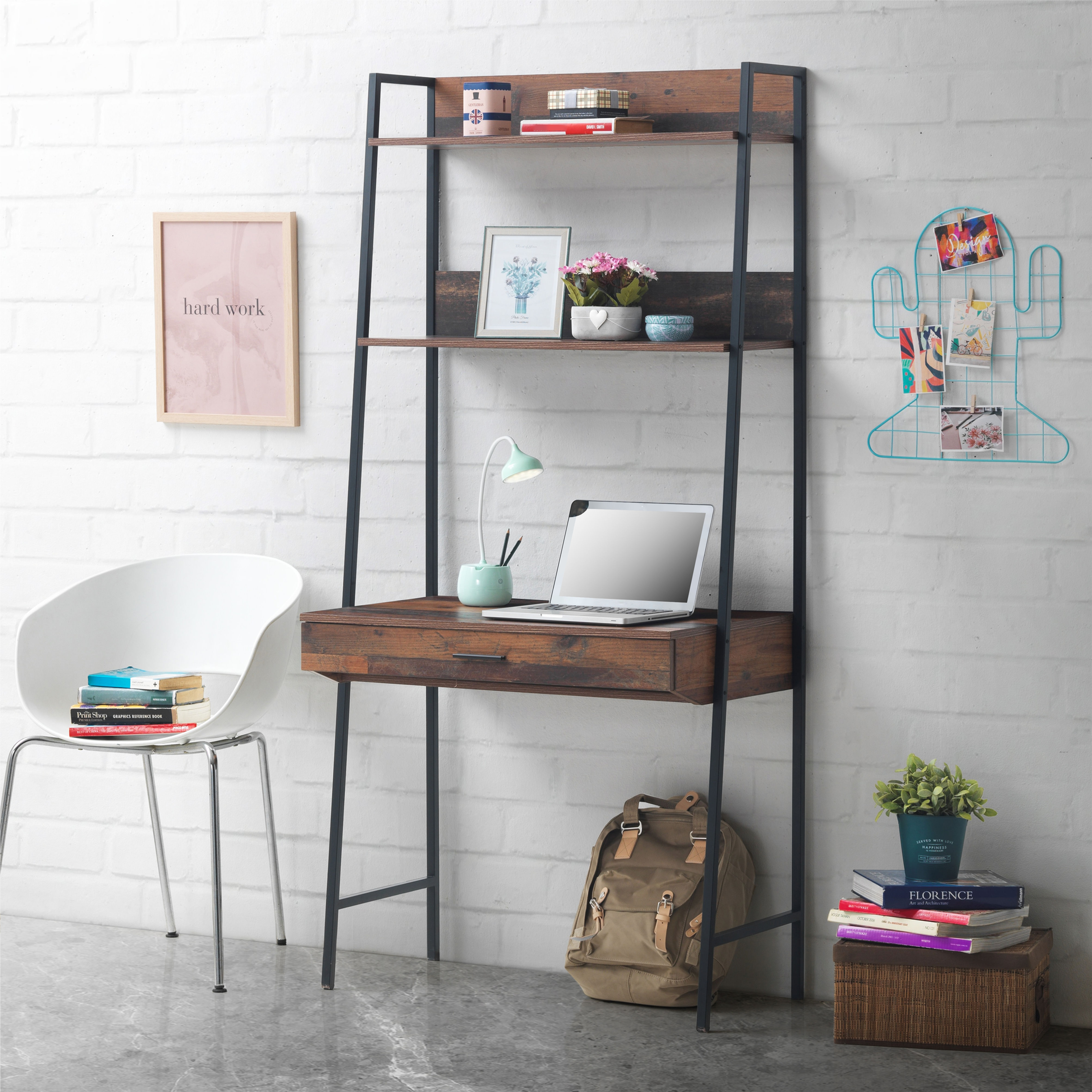 Home Office Industrial Tall Ladder Desk with Drawer and 2 Shelves