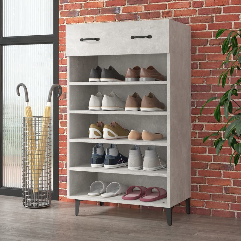 Grey Shoe Shelf with Drawer on Black Metal Legs