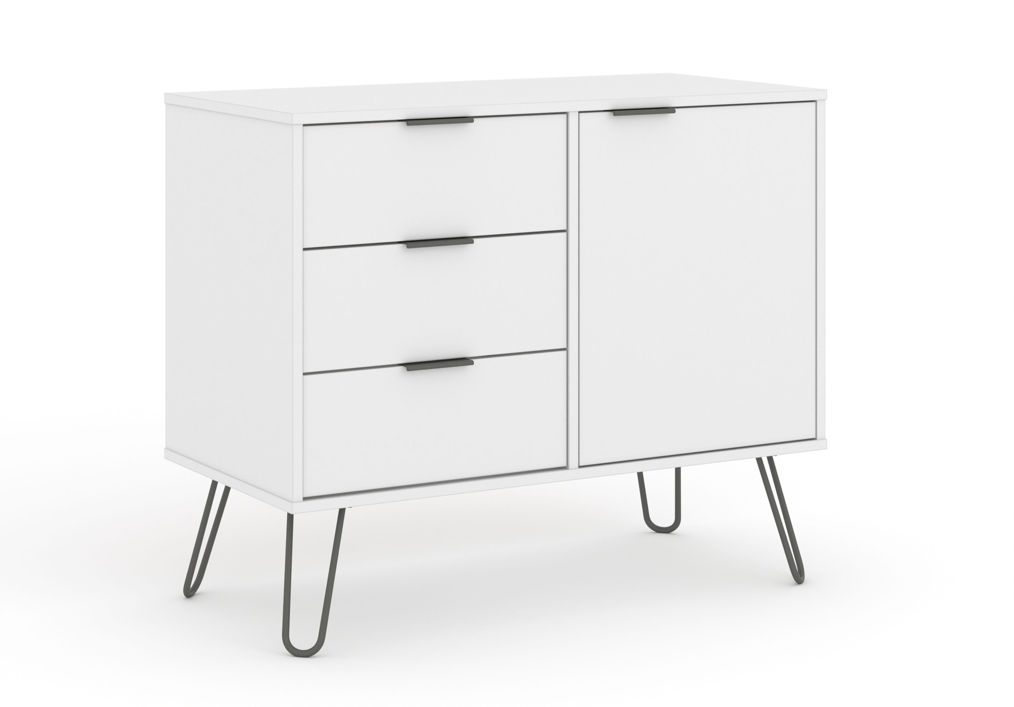 White Retro Small 1 Door 3 Drawer Sideboard Cupboard Cabinet Metal Hairpin Legs