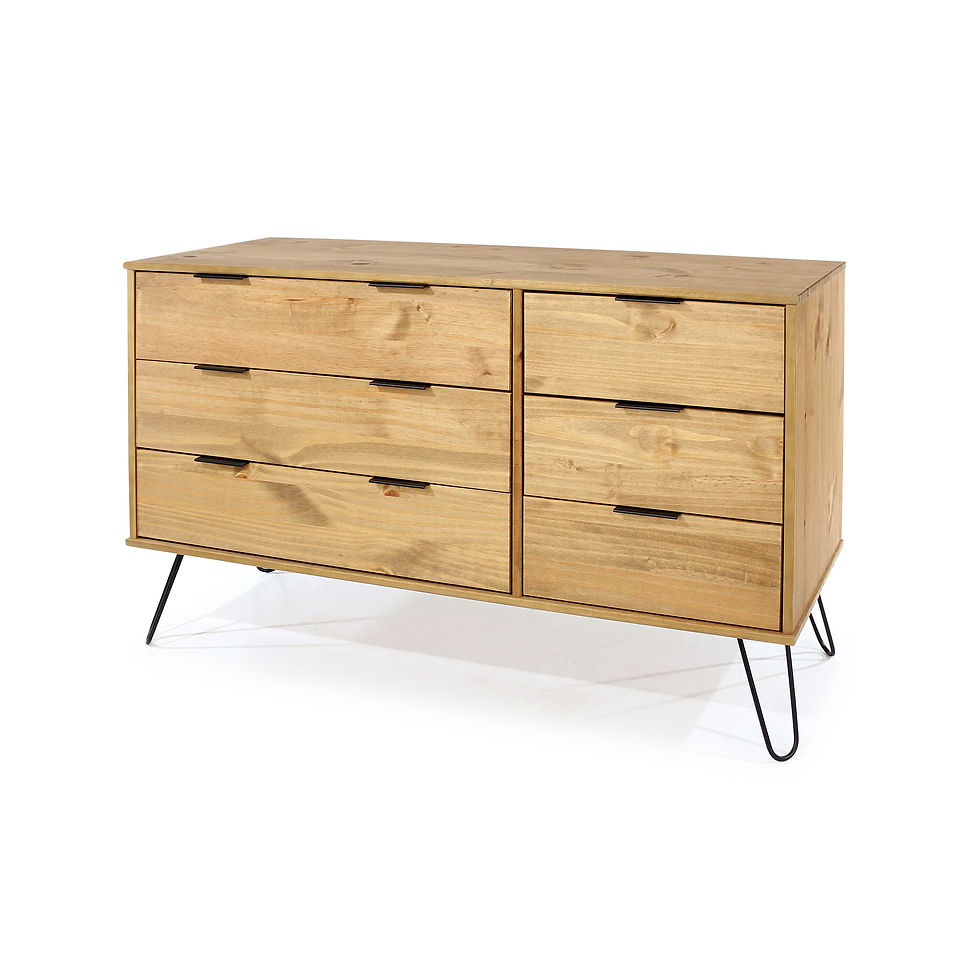 Thumbnail: Waxed Pine Wide Chest of 6 Drawers Bedroom Clothes Storage Unit on Hairpin Leg
