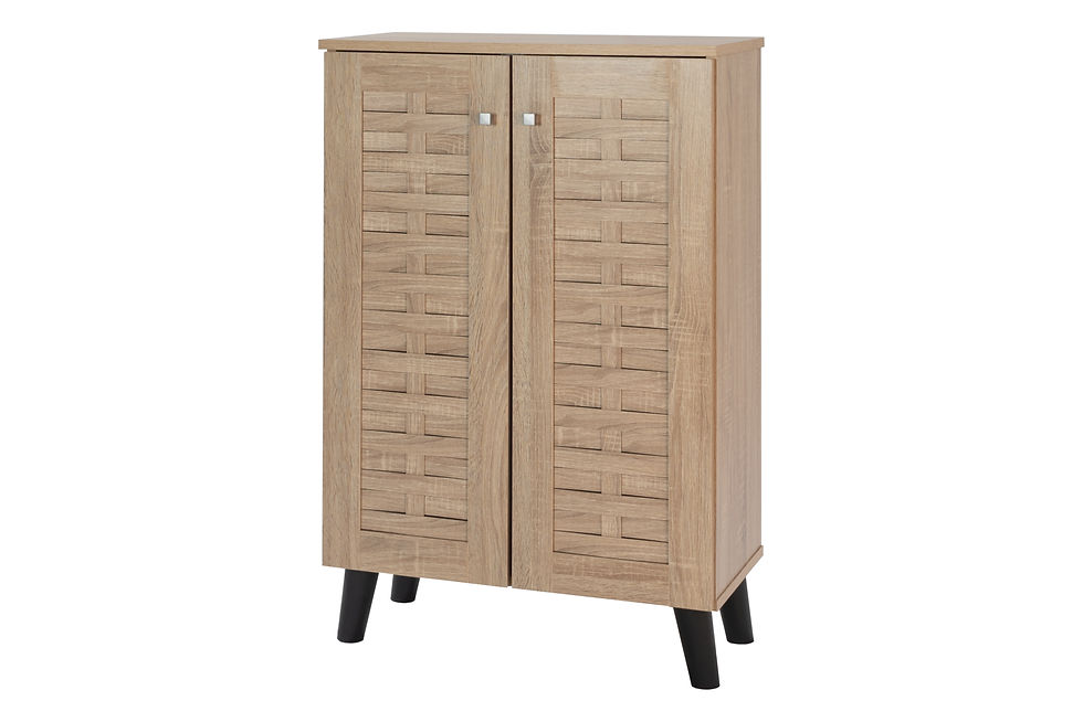 Thumbnail: Oak 2 Door Shoe Storage Cabinet Footwear Stand Rack Console Unit Cupboard Sideboard Woven Wood Panel Doors Black Legs