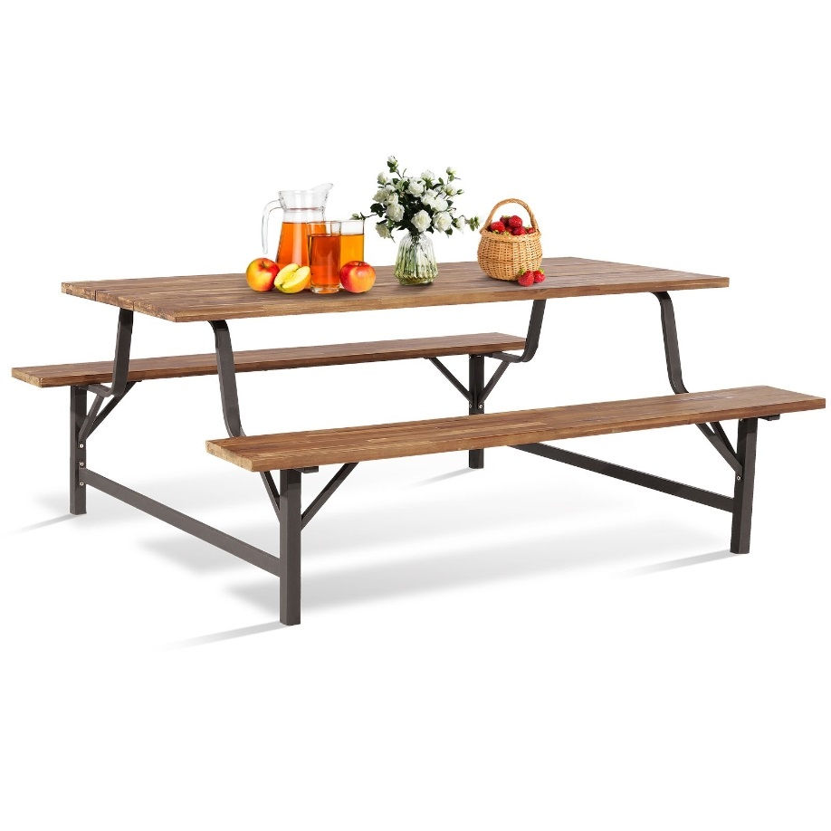 180cm Garden Wood Metal Picnic Table Benches Set Outdoor Patio Dining Furniture