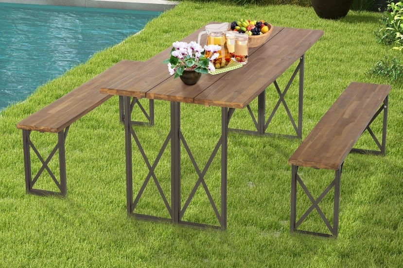 Thumbnail: Garden 3 Pcs Picnic Dining Set Table Benches Acacia Wood Metal Outdoor Indoor Furniture
