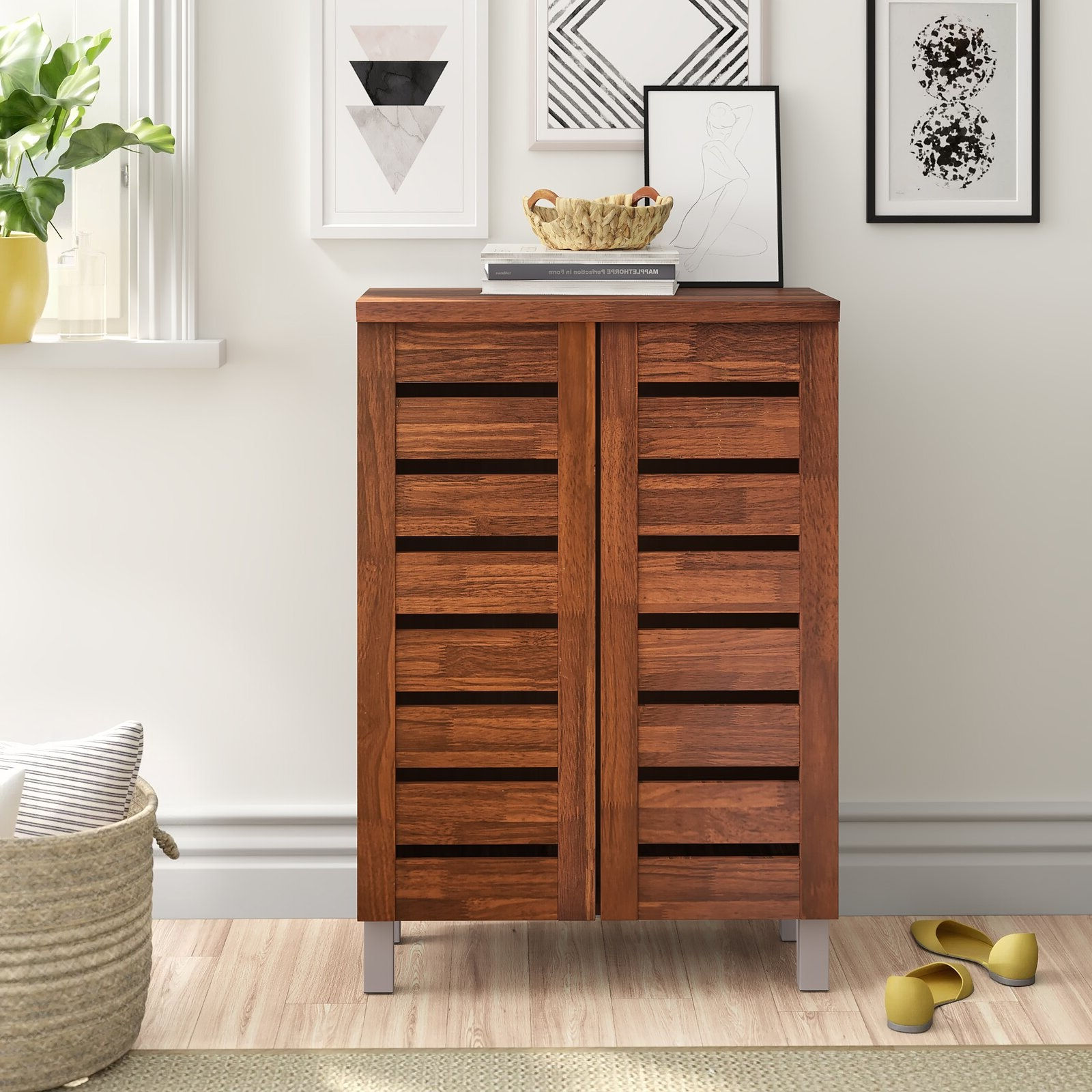 2 Door Shoe Storage Cabinet with Slatted Doors in Dark Oak Effect Finish