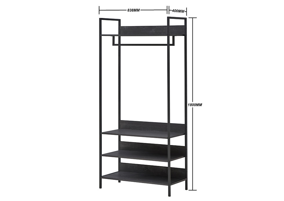 Thumbnail: Set of 3 Industrial Open Wardrobes with Shelves, Drawers, Hanging Rails and Cupboard in Washed Black Wood Grain finish