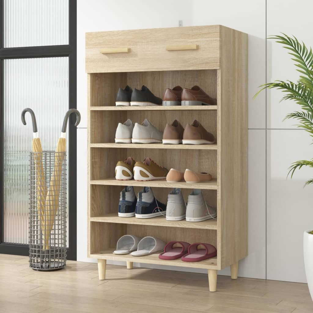 Oak 5 Tier Shoe Rack with Drawer