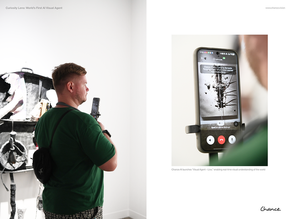 An international visitor at Art Central 2026 using Chance AI's Live mode on a smartphone to seamlessly decode and understand a contemporary art installation.
