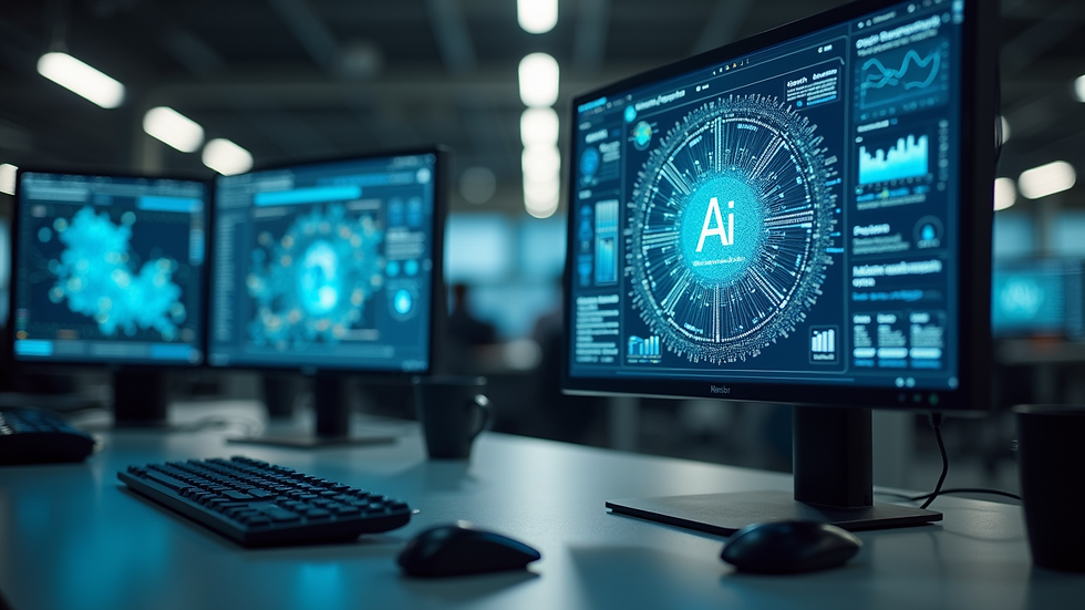 Wide angle view of a modern office workspace with AI technology on screens