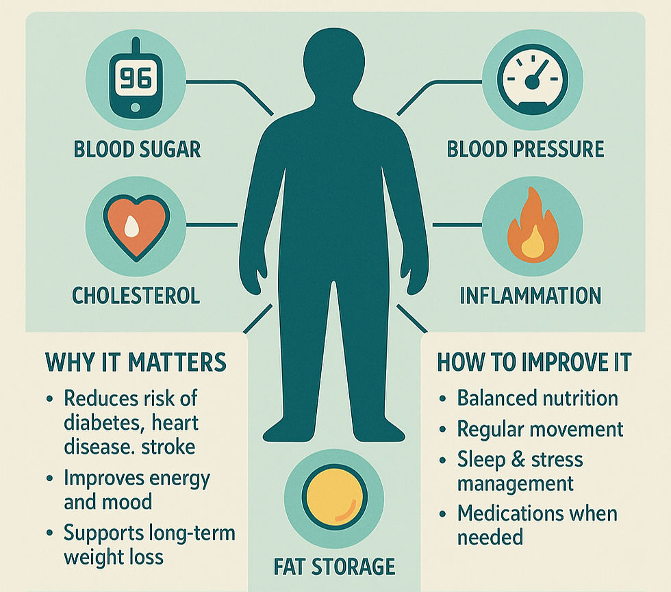 Silhouette with health metrics: blood sugar, cholesterol, blood pressure, inflammation, and fat storage. Tips to improve these on a blue-green theme.