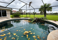 A realistic photograph of a residential swimming pool in Naples, Florida after a hurricane
