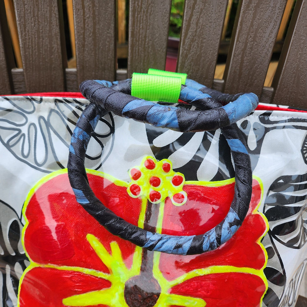 Thumbnail: Red hand painted Hibiscus tote on Bahama Hand Print fabric