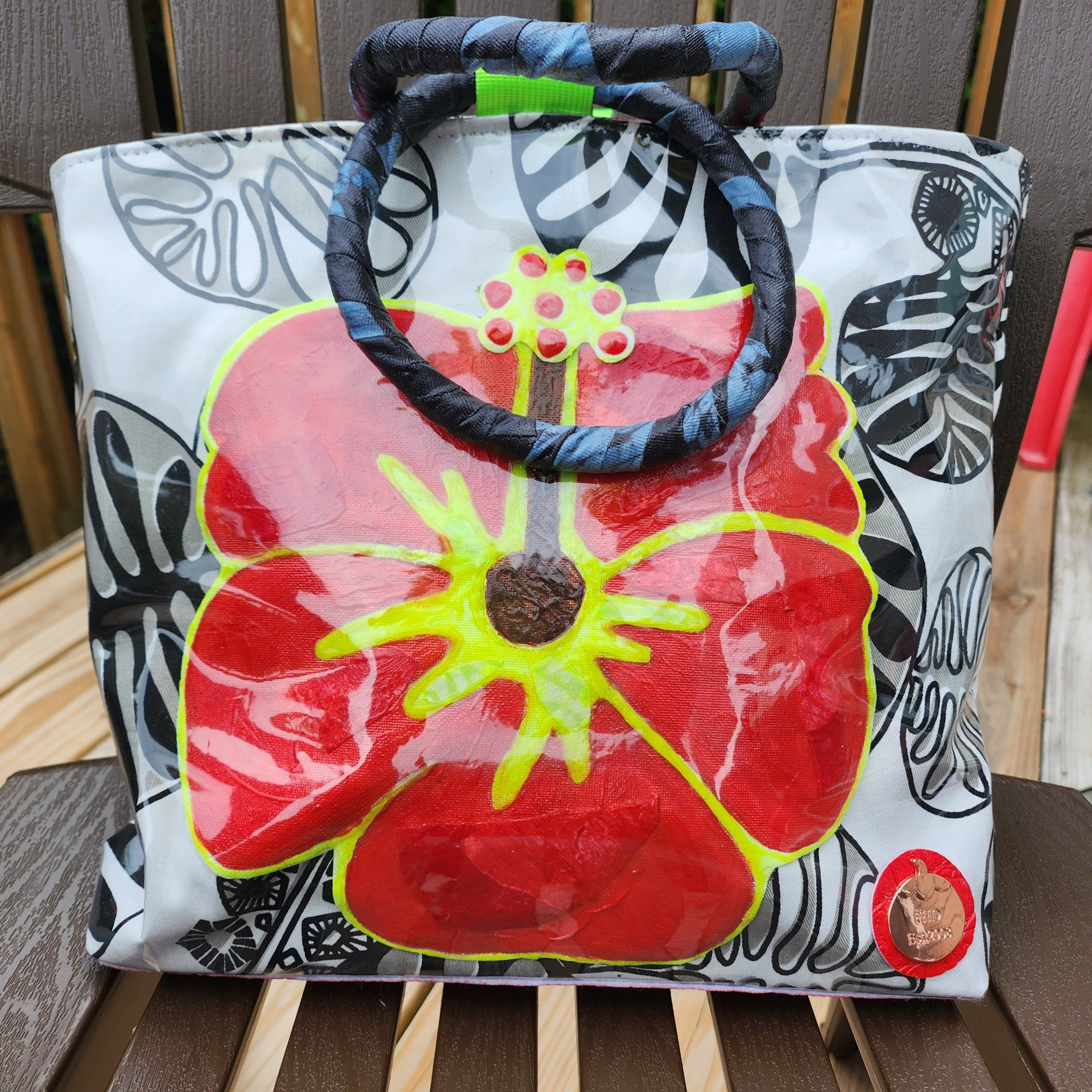 Red hand painted Hibiscus tote on Bahama Hand Print fabric