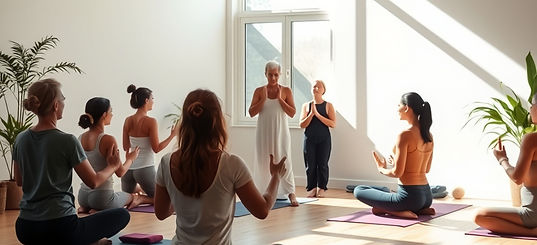 A small trauma-informed yoga or mindfulness group practicing breathwork or gentle movement