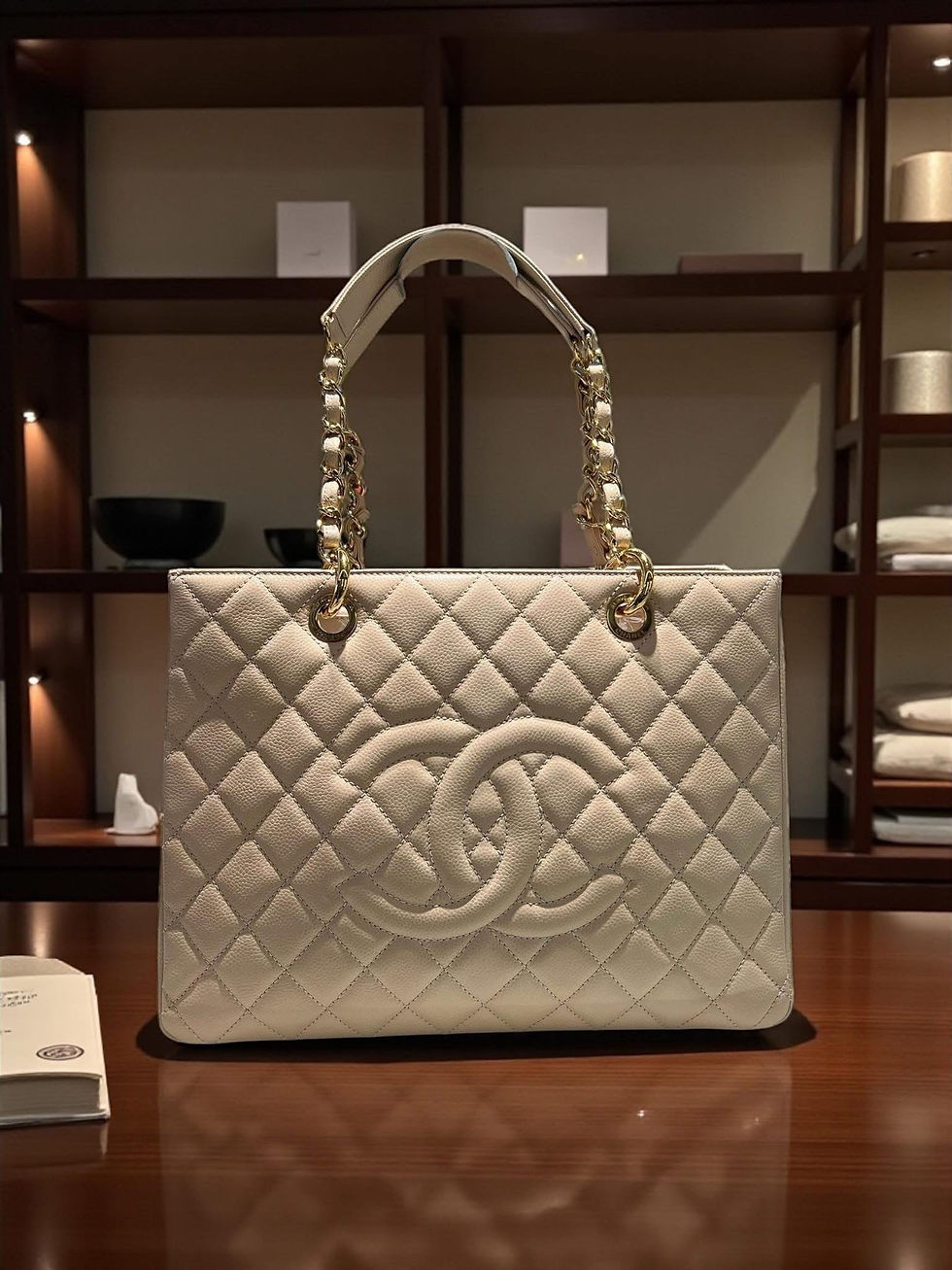 Chanel Grand Shopping Tote (GST) – Beige Quilted Caviar Leather with Gold Hardwa