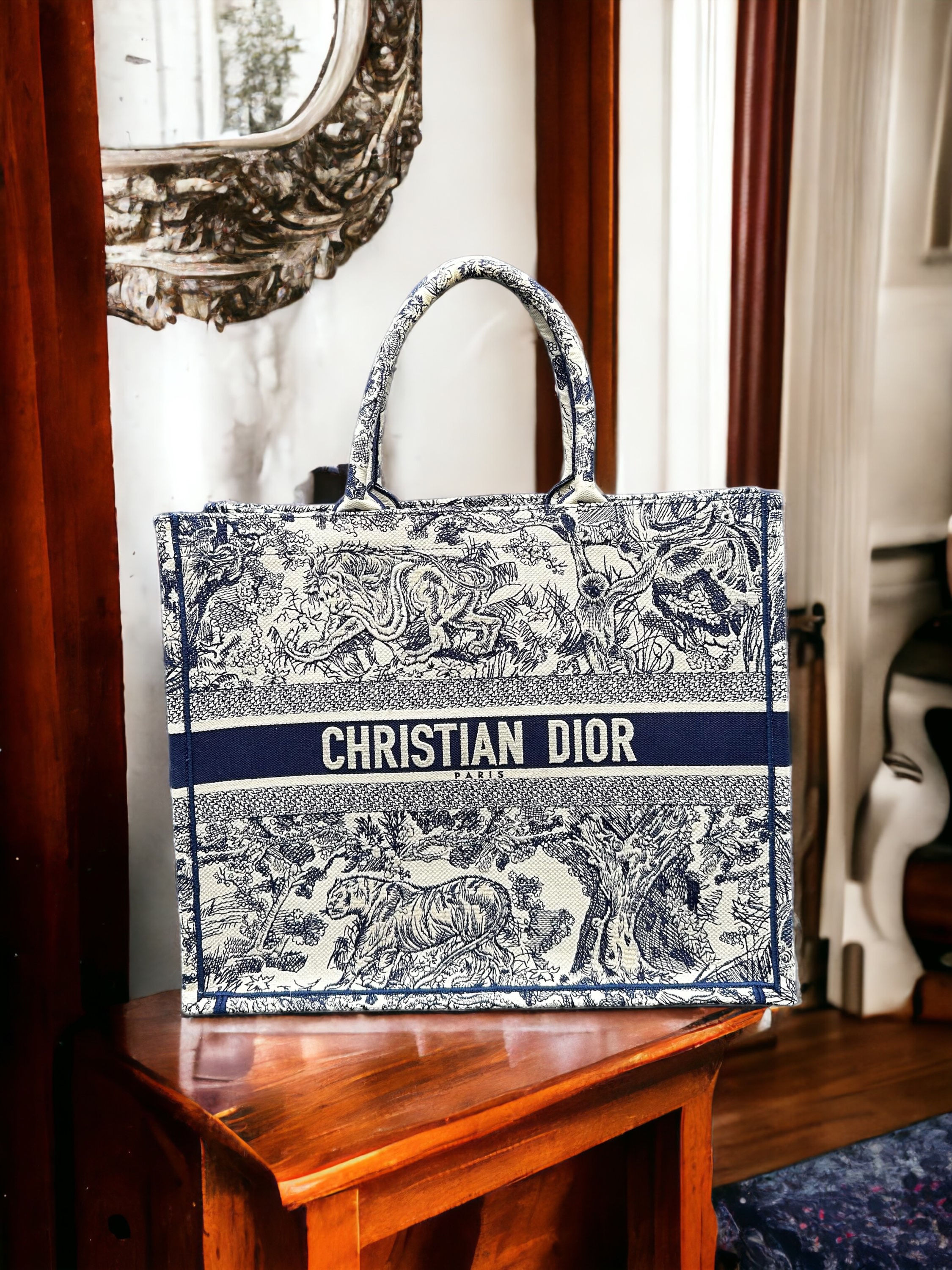 Christian Dior Canvas Embroidered Large Dioriviera Toile De Jouy Book Tote Blue