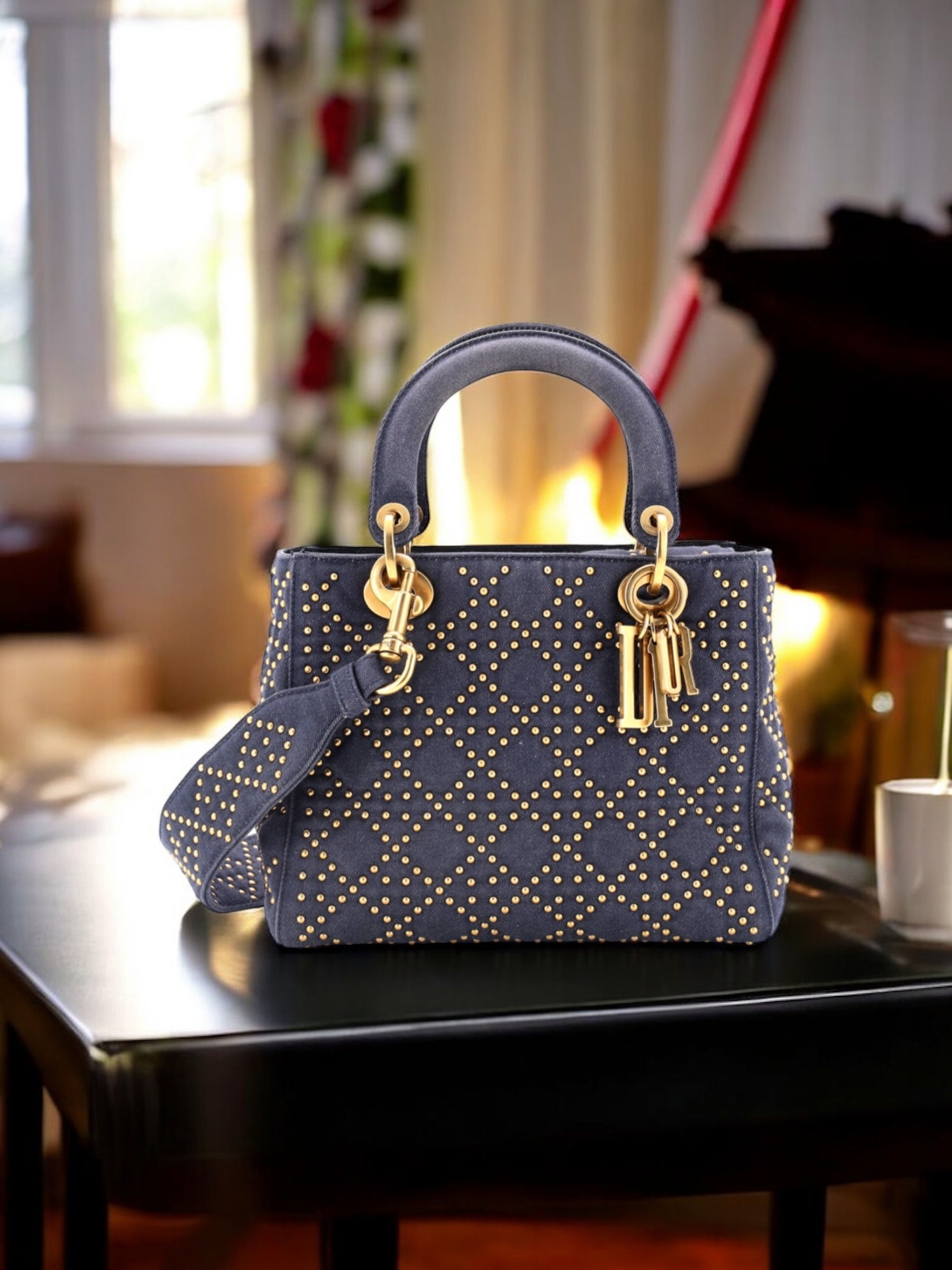 Christian Dior Medium Lady D-Lite Studded Denim Blue