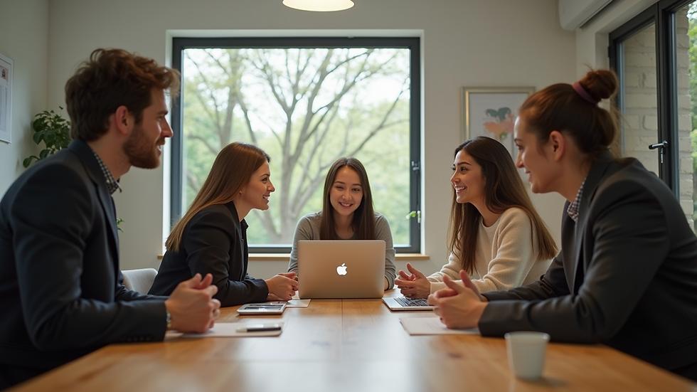 Eye-level view of a nonprofit team collaborating around a table