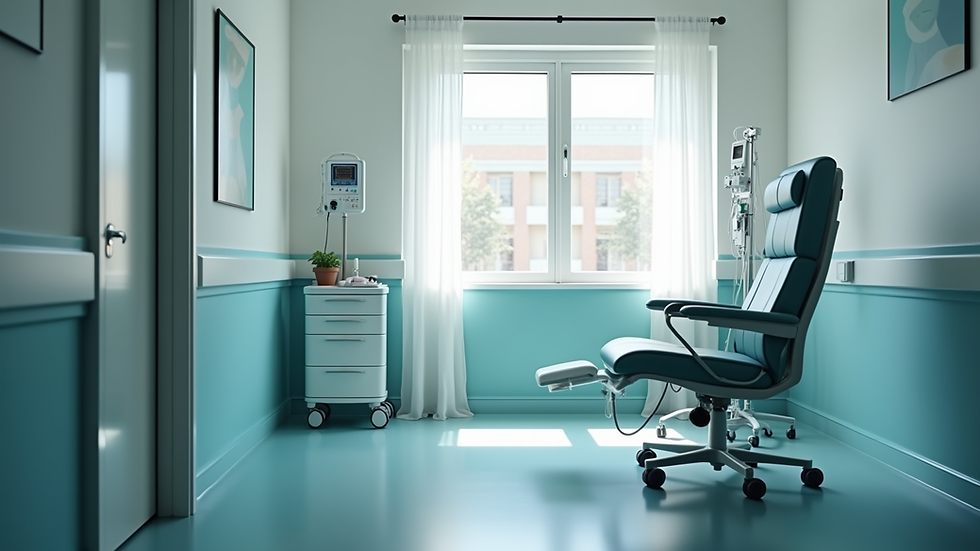 Eye-level view of IV therapy clinic treatment room with comfortable chair