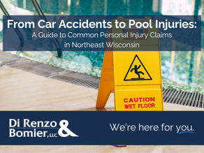 Yellow caution sign by a pool. Text: "From Car Accidents to Pool Injuries." Branding for Di Renzo & Bomier, LLC. Background of a pool area.