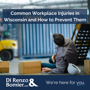 Injured warehouse worker sitting on the floor next to fallen cardboard boxes, holding his side in pain. A hard hat lies beside hime. Text overlay reads 'Common Workplace Injuries in Wisconsin and How to Prevent Them.' Di Renzo & Bomier, LLC logo and tagline, 'We're here for you,' are at the bottom.