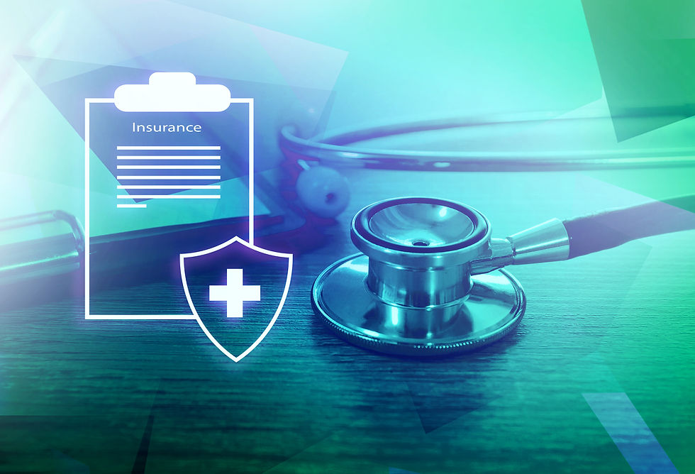 Health insurance clipboard with medical shield icon and stethoscope on a desk, representing insurance claims and injury settlements.