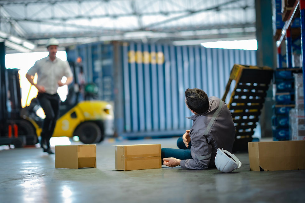 Worker in a warehouse sitting on the floor, boxes scattered, hard hat nearby. Another worker runs toward them. Yellow forklift in background.