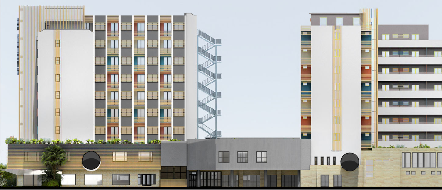 Hotel Serena Majestic, progetto DUAS ARCHITETTI, vista prospettica del fronte principale