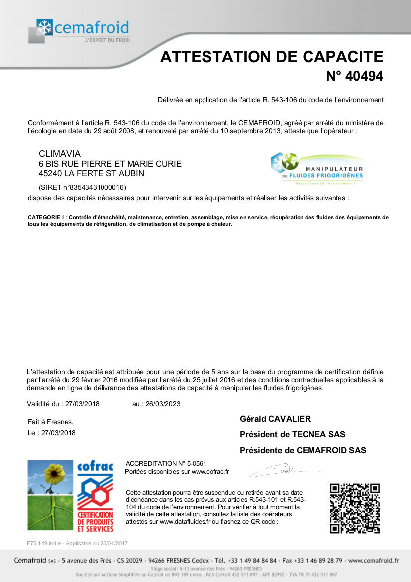 Attestation de capacité