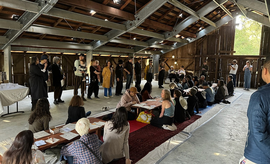 Alex H Nichols introducing participating artists to visitors in Old Barn at Djerassi Resident Artists Program. Photo: Natasha Noel.