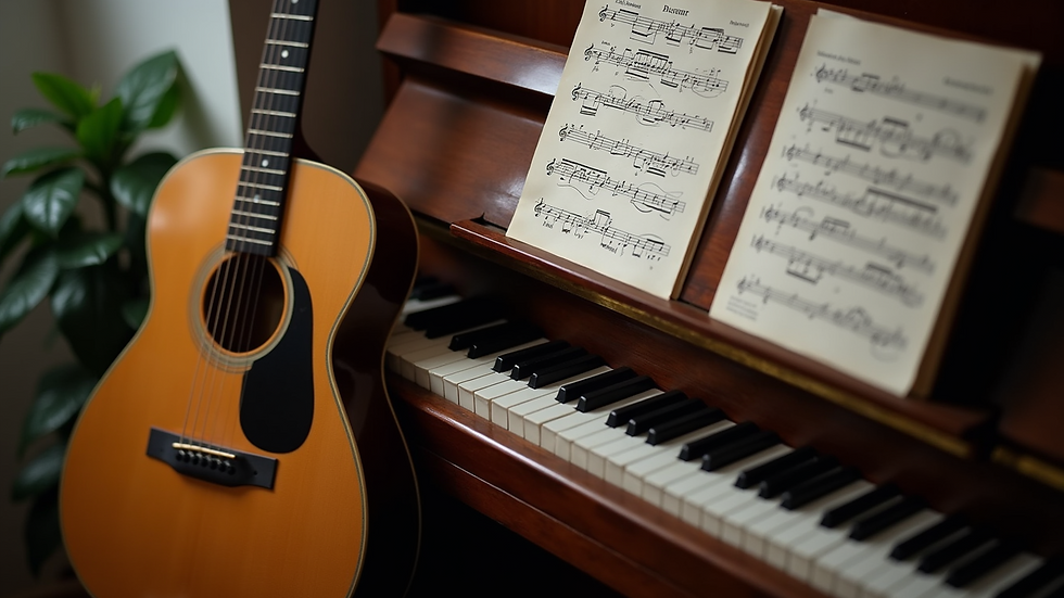 High angle view of a music stand with sheet music and a guitar leaning against a piano