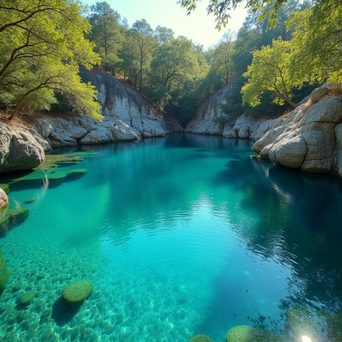 blue water swimming hole with rocks and trees