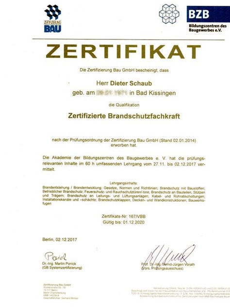 Zertifizierte Brandschutzfachkraft Dieter Schaub