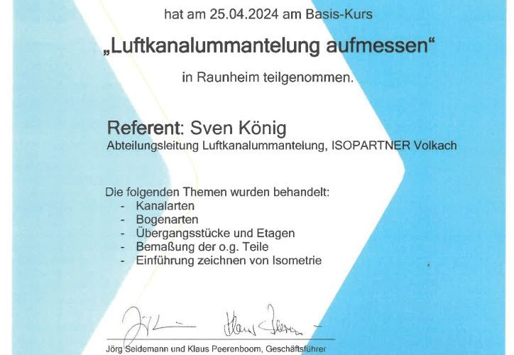 Teilnahmeurkunde zur Schulung Luftkanalummantelung aufmessen vom 25.04.2024, ausgestellt von ISOPART