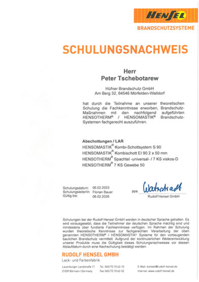 Schulungsnachweis zur Brandschutzschulung passive Brandschutzsysteme HENSOTHERM und HENSOMASTIK