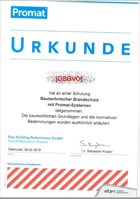 Urkunde zur Schulung „Passiver Brandschutz Systeme Promat“ vom 8. Februar 2019