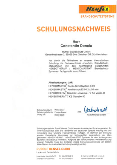 Schulungsnachweis zur Brandschutzschulung passive Brandschutzsysteme HENSOTHERM und HENSOMASTIK