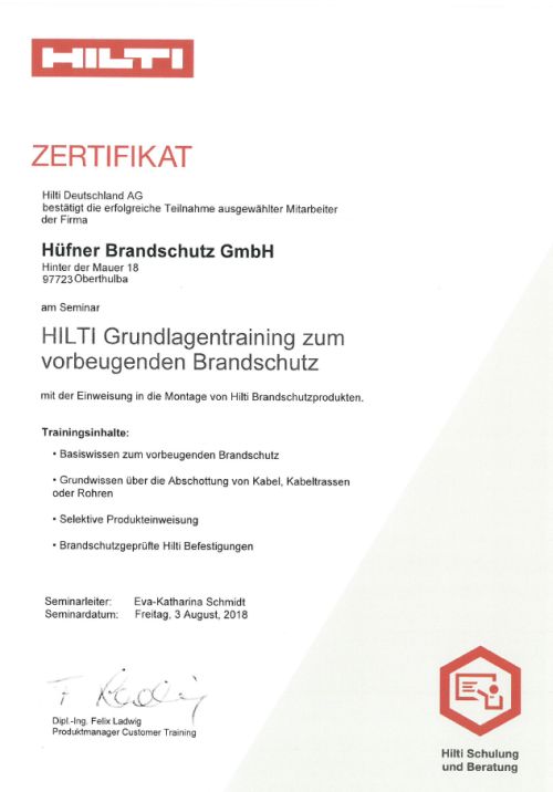 Brandschutz Schulung – Hilti Teilnahmezertifikat zum Grundlagentraining vorbeugender Brandschutz